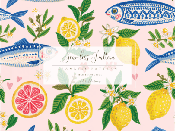 Download Mediterranean Fish and Lemon Seamless Pattern - Seamless pattern Collection